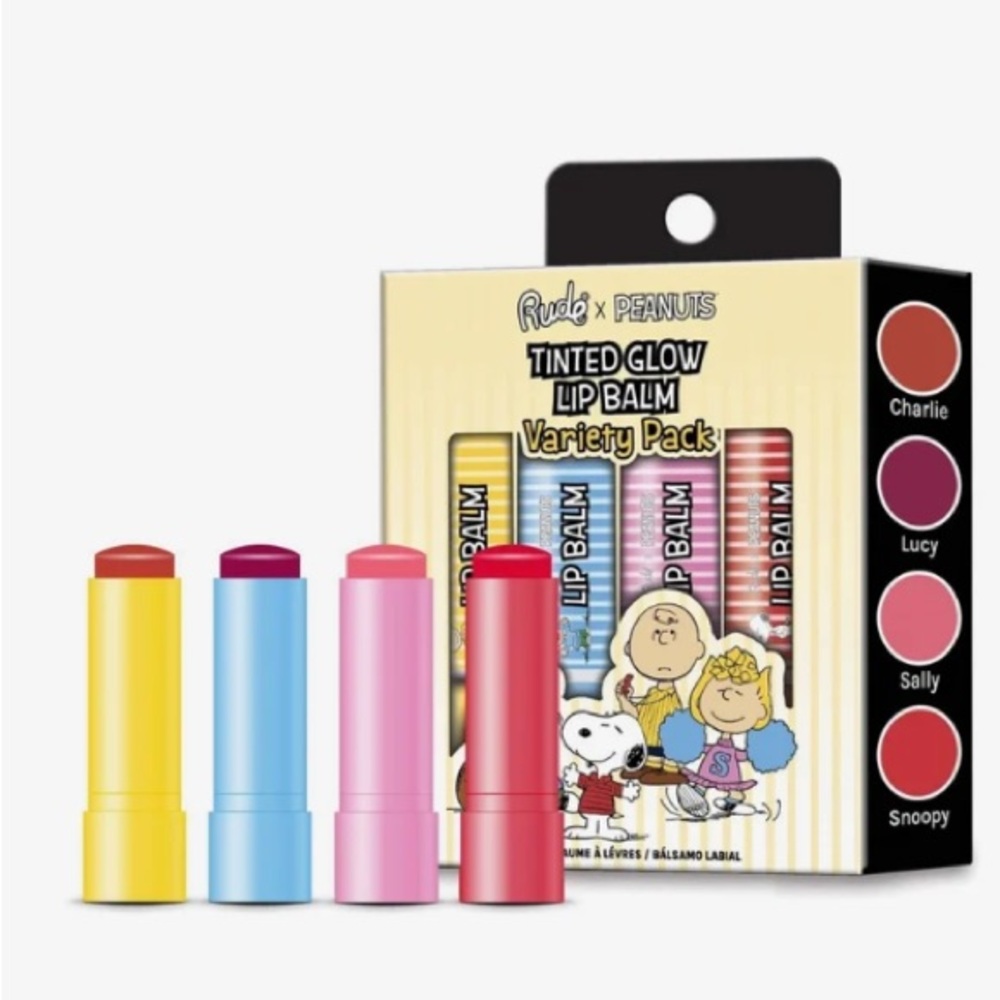 Rude Cosmetics x Peanuts Tinted Glow Lip Balm Charlie Brown Snoopy Pack of 4